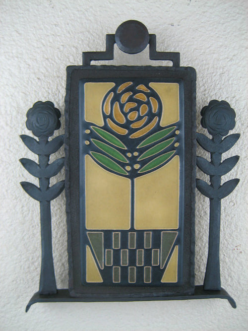 Arts & crafts Motawi checkerpot rose tile plaque in wrought iron - Bushere & Son Iron Studio Inc.
