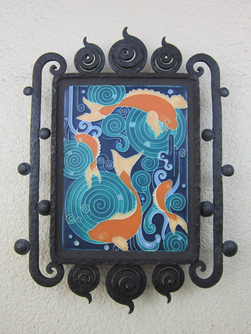 arts and crafts motawi koi pond fish tile plaque in wrought iron bubble frame - Bushere & Son Iron Studio Inc.