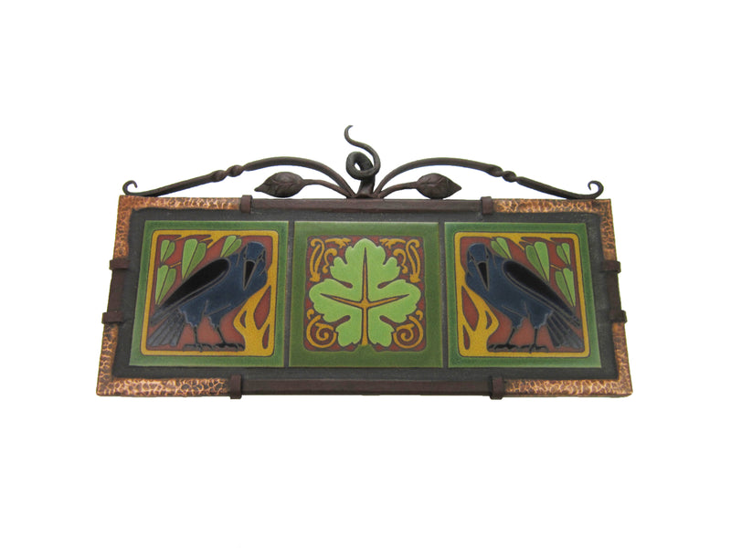 California Raven Tile Hammered Wrought Iron & Copper Wall Tryptic Plaque - Bushere & Son Iron Studio Inc.