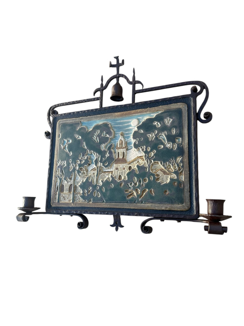 Spanish Church & Eucalyptus Tree Tile Wrought Iron Wall Plaque