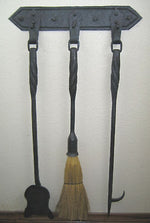 lodge style wrought iron fire tool set w/ bracket - Bushere & Son Iron Studio Inc.