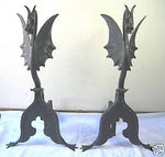 Gothic forged wrought iron dragon andirons set - Bushere & Son Iron Studio Inc.