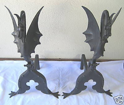 Gothic forged wrought iron dragon andirons set - Bushere & Son Iron Studio Inc.