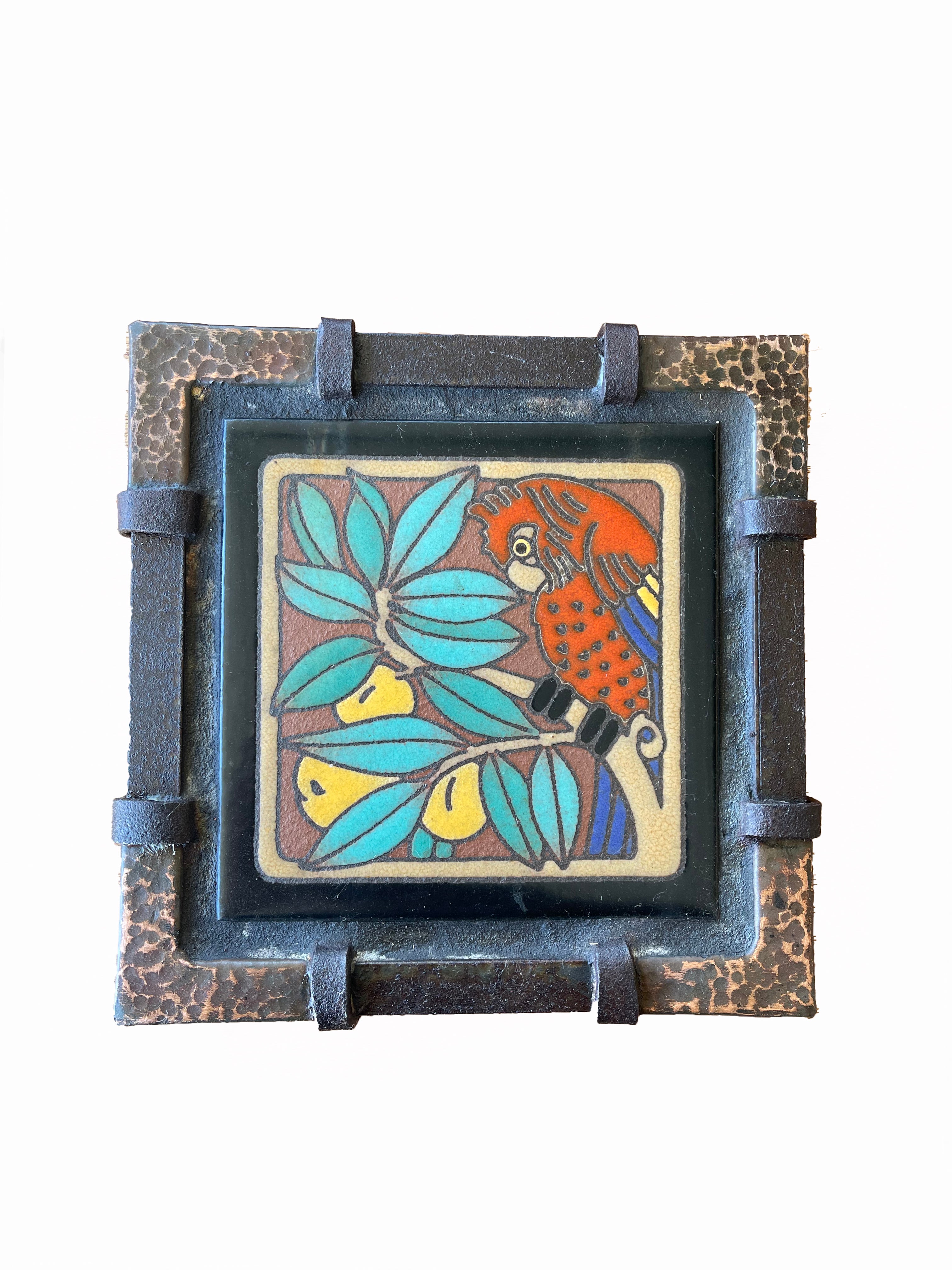 California Red Parrot Tile Copper Corner Iron Plaque