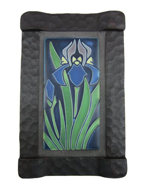 Arts and Crafts Motawi Iris Tile and Wrought Iron Wall Plaque - Bushere & Son Iron Studio Inc.