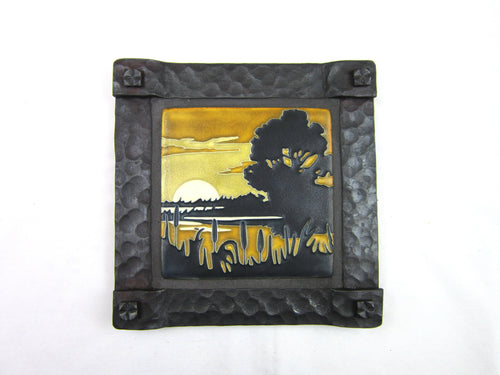 Arts & Crafts Motawi Lagoon Tile Wrought Iron Plaque (Gold) - Bushere & Son Iron Studio Inc.