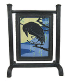 Arts and Crafts Motawi raven midnight tile in wrought iron mantle swing - Bushere & Son Iron Studio Inc.