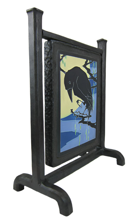 Arts and Crafts Motawi raven midnight tile in wrought iron mantle swing - Bushere & Son Iron Studio Inc.